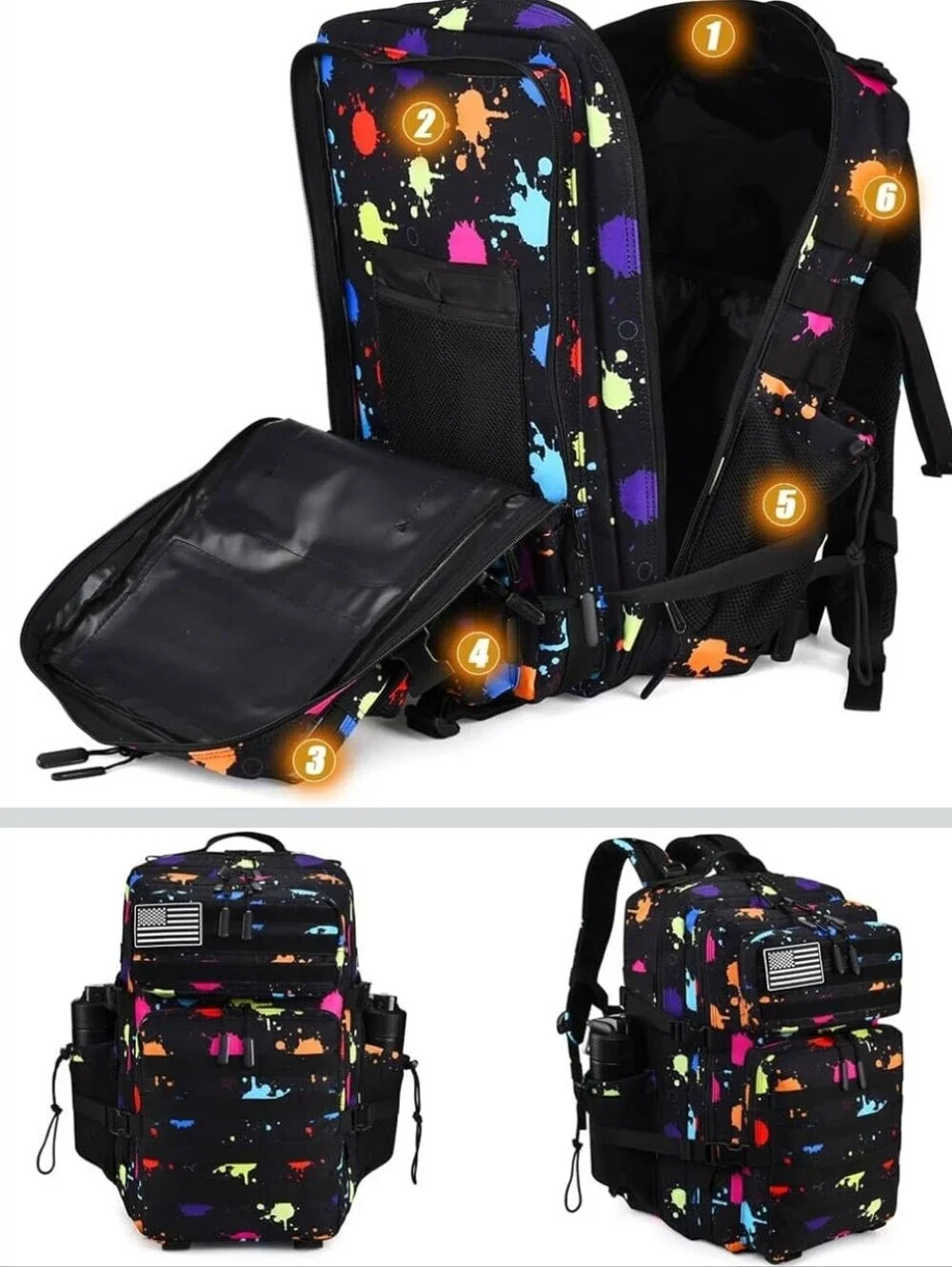 Tactical Backpack for Men - Black with Multicolor Paint Splatter